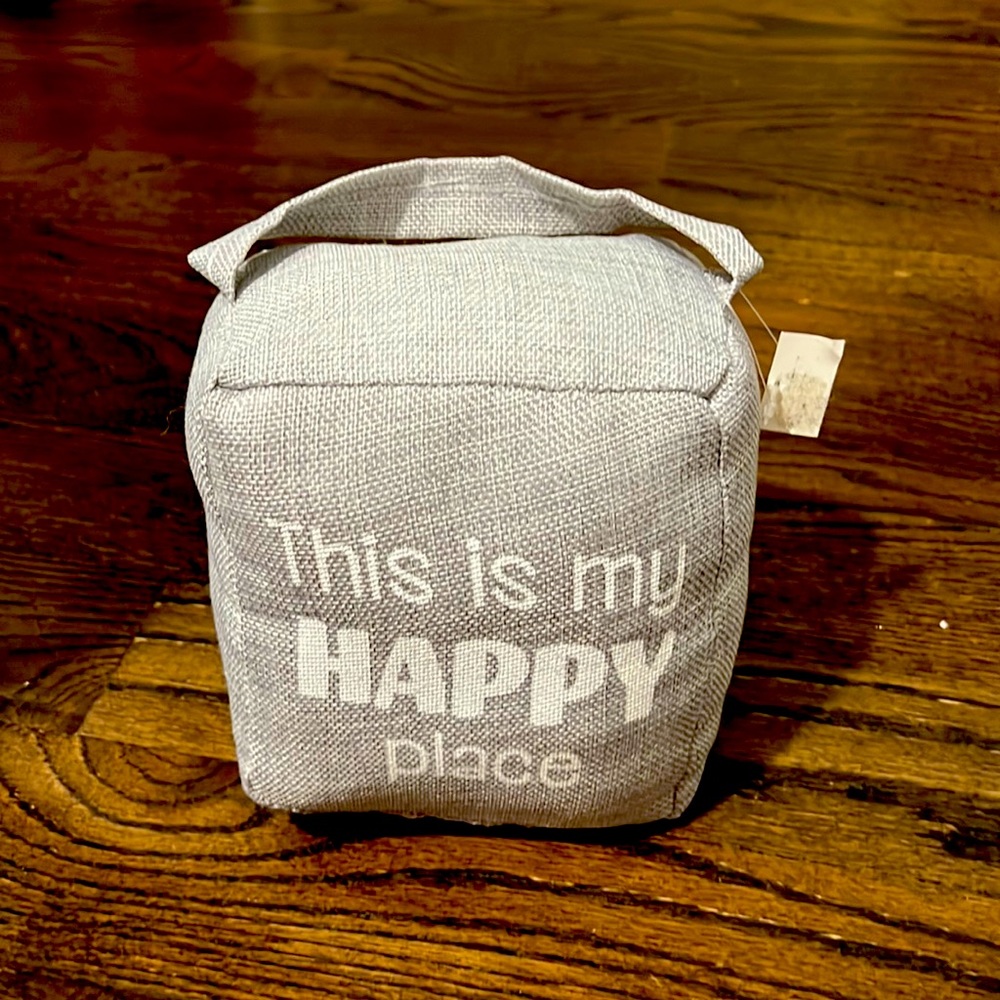 NWT “This is my happy place” gray linen weighted door stopper.